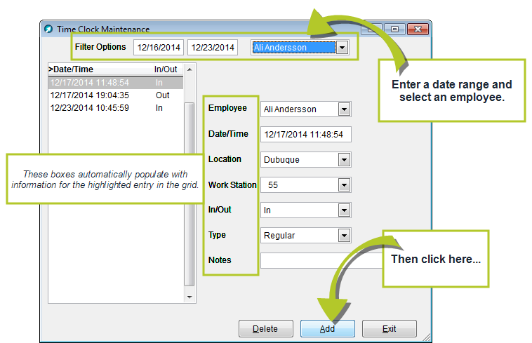 Add a time clock entry for an employee